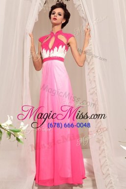 Deluxe Hot Pink Chiffon Zipper High-neck Sleeveless Floor Length Prom Party Dress Beading