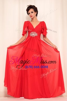 New Arrival Red Prom Gown Prom and Party and For with Beading V-neck Short Sleeves Zipper