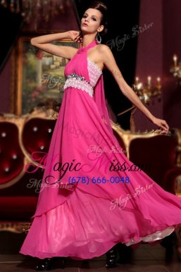 Pretty Hot Pink Zipper Halter Top Beading and Lace Evening Gowns Chiffon Sleeveless