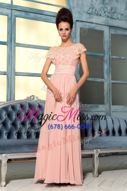 Delicate Floor Length Baby Pink and Rose Pink Military Ball Gowns Bateau Cap Sleeves Side Zipper