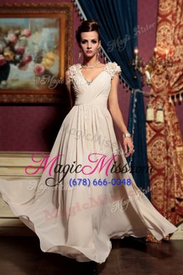 Glorious Cap Sleeves Side Zipper Floor Length Beading and Hand Made Flower Homecoming Dress