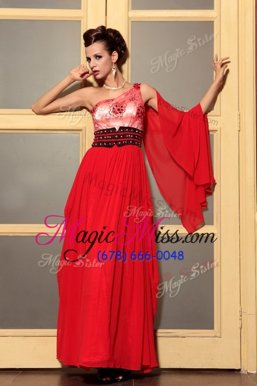 Stylish Empire Prom Dress Red One Shoulder Chiffon Sleeveless Floor Length Side Zipper