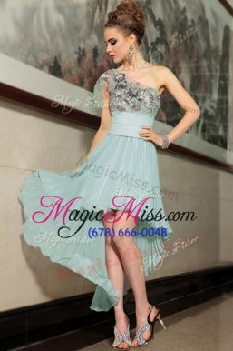 Classical One Shoulder High Low Light Blue Cocktail Dresses Chiffon Sleeveless Pleated