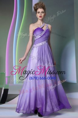 Custom Fit Lavender Side Zipper One Shoulder Beading and Ruching Evening Dress Chiffon Sleeveless