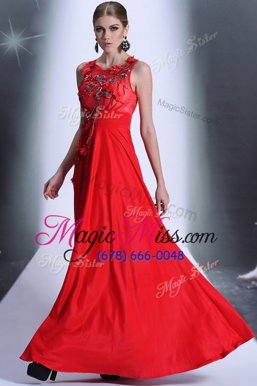 Glorious Floor Length Red Homecoming Dress Chiffon Sleeveless Hand Made Flower