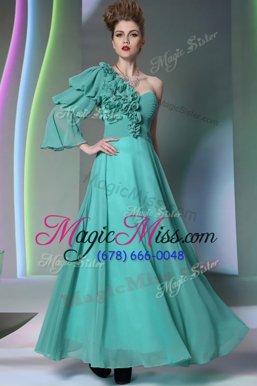 Nice One Shoulder Turquoise Chiffon Zipper Oscars Dresses Long Sleeves Floor Length Ruffles and Ruching