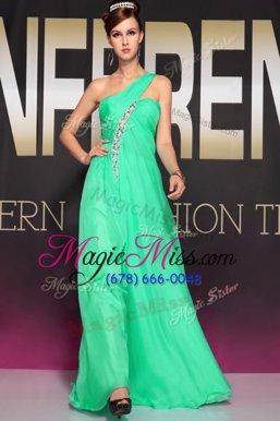 Cheap Apple Green Empire One Shoulder Sleeveless Chiffon Floor Length Backless Beading and Ruching