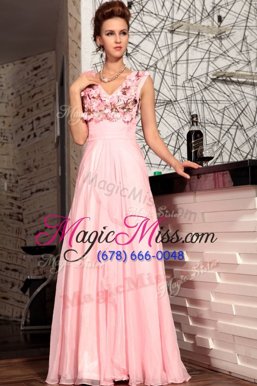 Cheap Baby Pink Empire Appliques Prom Gown Zipper Satin Sleeveless Floor Length