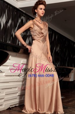 Beautiful Brown Satin Backless Formal Evening Gowns Sleeveless Floor Length Beading and Ruching