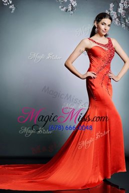Comfortable Scoop Empire Sleeveless Coral Red Prom Party Dress Court Train Side Zipper
