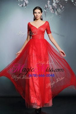 Red Zipper Prom Party Dress Sequins Short Sleeves Floor Length