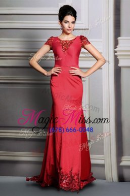 Eye-catching Scoop Short Sleeves Satin Prom Dress Appliques Court Train Clasp Handle