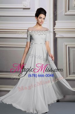 High Class Empire Prom Dresses Silver Scoop Satin Short Sleeves Floor Length Zipper