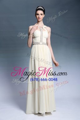 Trendy Light Yellow Column/Sheath Strapless Sleeveless Chiffon Floor Length Side Zipper Beading and Ruching Prom Dress