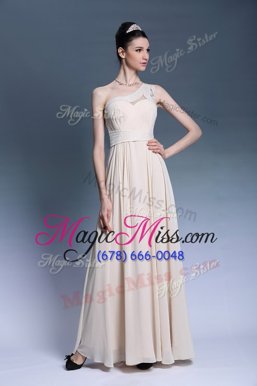 Inexpensive Champagne One Shoulder Neckline Beading and Ruching Homecoming Party Dress Sleeveless Side Zipper