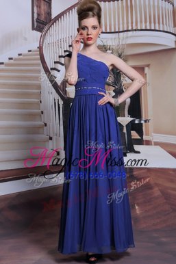 Ideal One Shoulder Royal Blue Ball Gowns Beading and Pleated Prom Party Dress Side Zipper Chiffon Sleeveless Floor Length