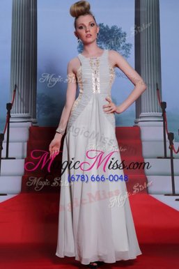 Amazing Scoop Sleeveless Floor Length Beading and Appliques and Ruching Side Zipper Evening Dress with Silver