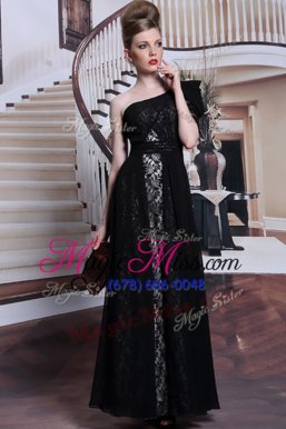 Best Selling One Shoulder Black Column/Sheath Lace and Sequins Prom Evening Gown Side Zipper Lace Sleeveless Floor Length