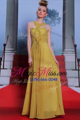 Wonderful Gold Scalloped Neckline Appliques and Ruching Homecoming Dress Sleeveless Clasp Handle