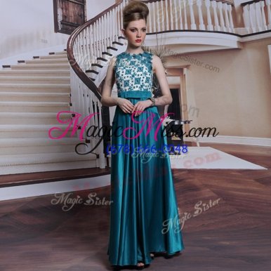 Captivating Scalloped Sleeveless Floor Length Beading and Appliques Clasp Handle Evening Outfits with Teal