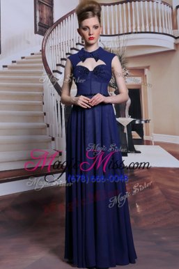 Affordable Floor Length Navy Blue Homecoming Dress Online High-neck Sleeveless Zipper