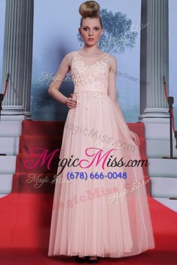 On Sale Scoop Sleeveless Evening Gowns Floor Length Lace Baby Pink Chiffon