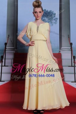 Modest Scoop Sleeveless Floor Length Beading Side Zipper Evening Dress with Light Yellow