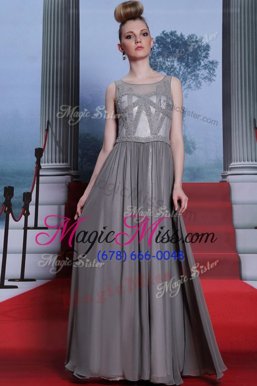 Cute Scoop Floor Length Grey Dress for Prom Chiffon Sleeveless Beading