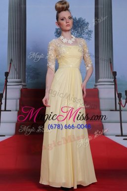 Beauteous Light Yellow Half Sleeves Lace and Ruching Floor Length Prom Dresses