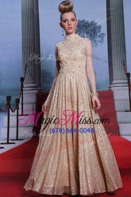Fancy Sequins Column/Sheath Prom Dress Peach High-neck Chiffon Sleeveless Floor Length Zipper