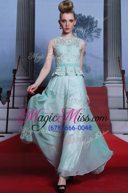 Perfect Light Blue Chiffon Side Zipper Scoop Sleeveless Floor Length Prom Party Dress Lace and Belt
