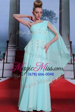 One Shoulder Floor Length Side Zipper Prom Evening Gown Turquoise and In for Prom and Party with Lace and Ruching