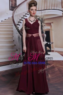 Modest Dark Purple Sleeveless Floor Length Beading and Ruching Zipper Prom Party Dress
