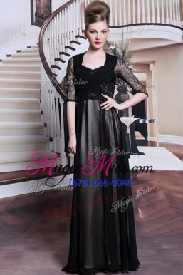 Black V-neck Neckline Lace and Pleated Military Ball Dresses For Women Half Sleeves Zipper