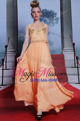 Nice Empire Dress for Prom Orange High-neck Chiffon Sleeveless Floor Length Side Zipper