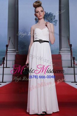 Great White Sleeveless Floor Length Ruching and Belt Side Zipper Homecoming Dress
