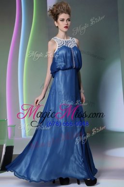 Delicate Scoop Blue Zipper Prom Evening Gown Beading Sleeveless Floor Length