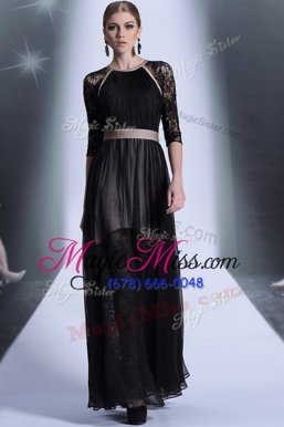 Vintage Black Empire Scoop Half Sleeves Chiffon Floor Length Zipper Lace Prom Evening Gown