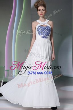 White Chiffon Zipper Halter Top Sleeveless Floor Length Prom Dresses Beading and Embroidery