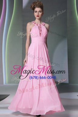 Trendy Halter Top Baby Pink Sleeveless Floor Length Beading Side Zipper Prom Dress