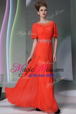 Traditional Scoop Short Sleeves Mother Of The Bride Dress Ankle Length Appliques Orange Chiffon