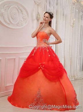 Orange Red Ball Gown Strapless Floor-length Taffeta and Tulle Appliques Quinceanera Dress
