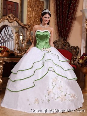 Spring Green and White Ball Gown Strapless Floor-length Organza Embroidery Quinceanera Dress