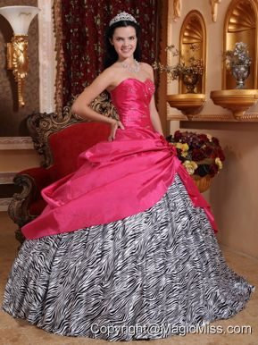 Hot Pink Ball Gown Sweetheart Floor-length Taffeta and Zebra Beading Quinceanera Dress