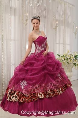 Burgundy Ball Gown Sweetheart Floor-length Organza and Zebra or Leopard Appliques Quinceanera Dress