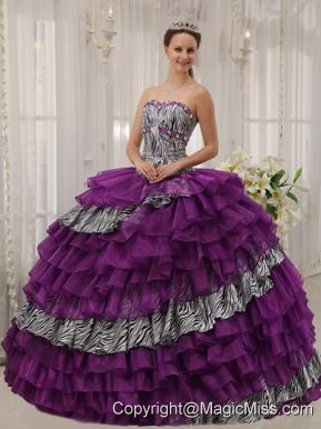 Purple Ball Gown Sweetheart Floor-length Zebra and Organza Beading Quinceanera Dress