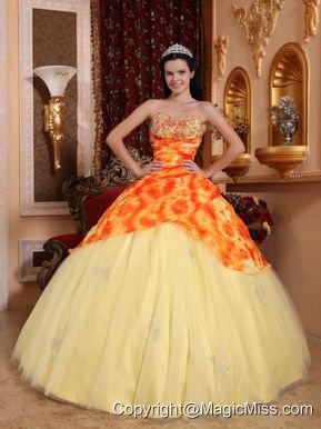 Light Yellow Ball Gown Sweetheart Floor-length Tulle Beading Quinceanera Dress