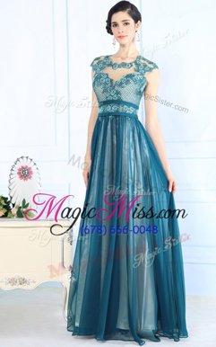 New Style Scoop Sleeveless Chiffon Floor Length Zipper in Teal for with Lace