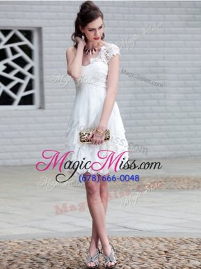 Hot Sale One Shoulder Sleeveless Evening Dress Mini Length Lace and Ruffles White Organza