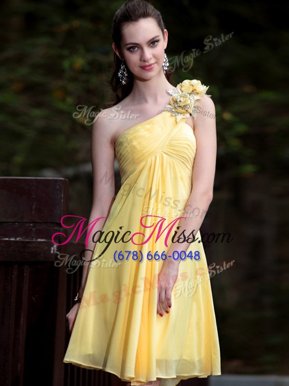 Best One Shoulder Gold Sleeveless Hand Made Flower Mini Length Prom Dress